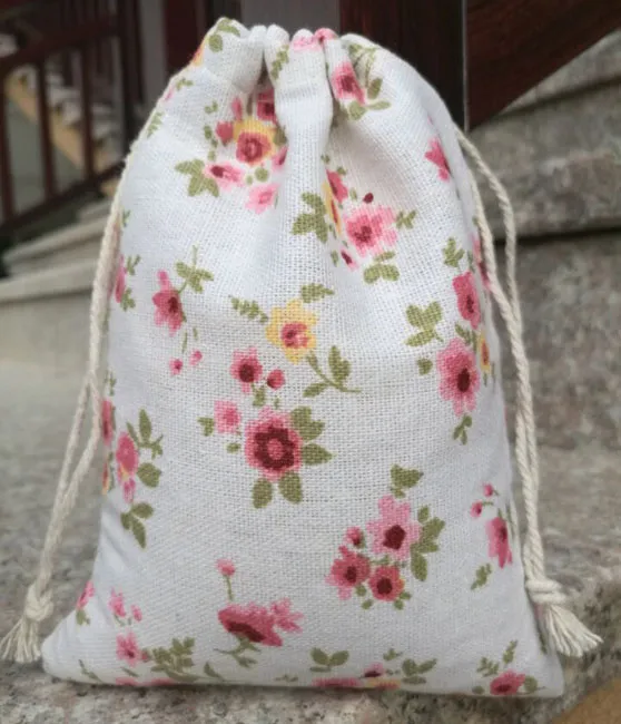 Pure Flower Printed Linen Gift Bag Sachets Travel organza Sack Jewelry Gift Pouches271m