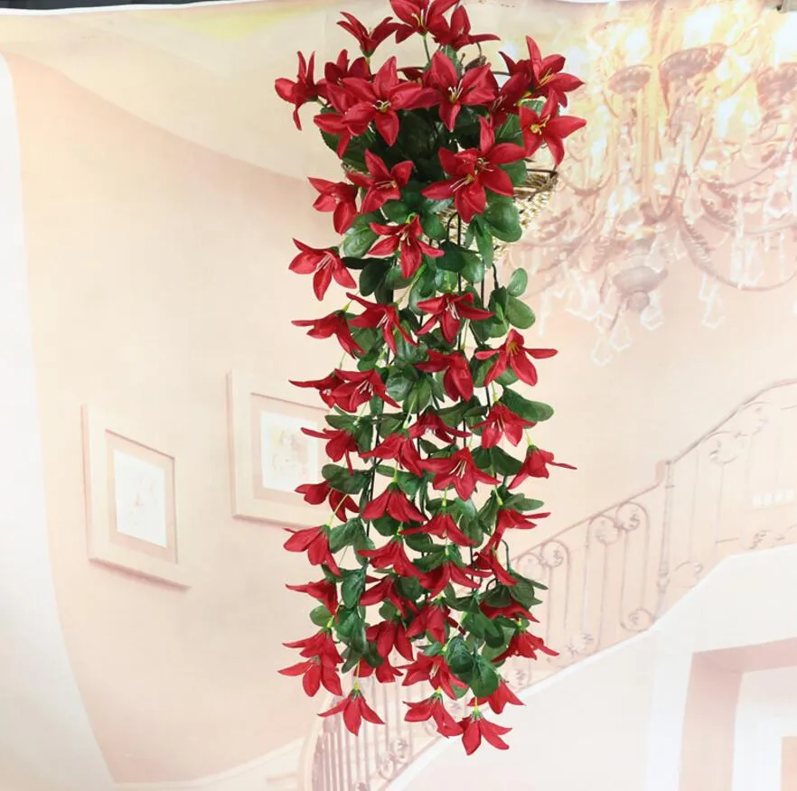 New Hanging Artificial Lily Flower Wall Ivy Garland Vine Greenery For Wedding Home Office Bar Decorative