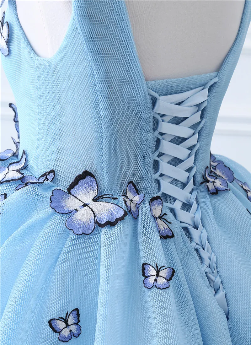 Stock V-neck Butterfly Flowers Ball Gowns Long Prom Dress Blue Prom Dress Puffy High Quality Event Gowns US2 4 6 8 10 12 14 16