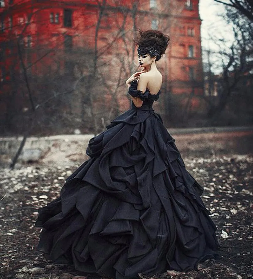 Black Ball Gown Gothic Vintage Satin Wedding Dresses Off the Shoulder Satin Colorful Non White Bridal Gowns Colorful Vestidos De Novia