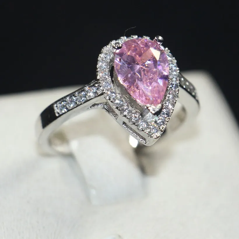 Joyería bohemia Delicado anillo de diamante rosa en forma de pera Moda de dedo 10KT Anillos de novia de boda llenos de oro blanco para mujeres regalo2548