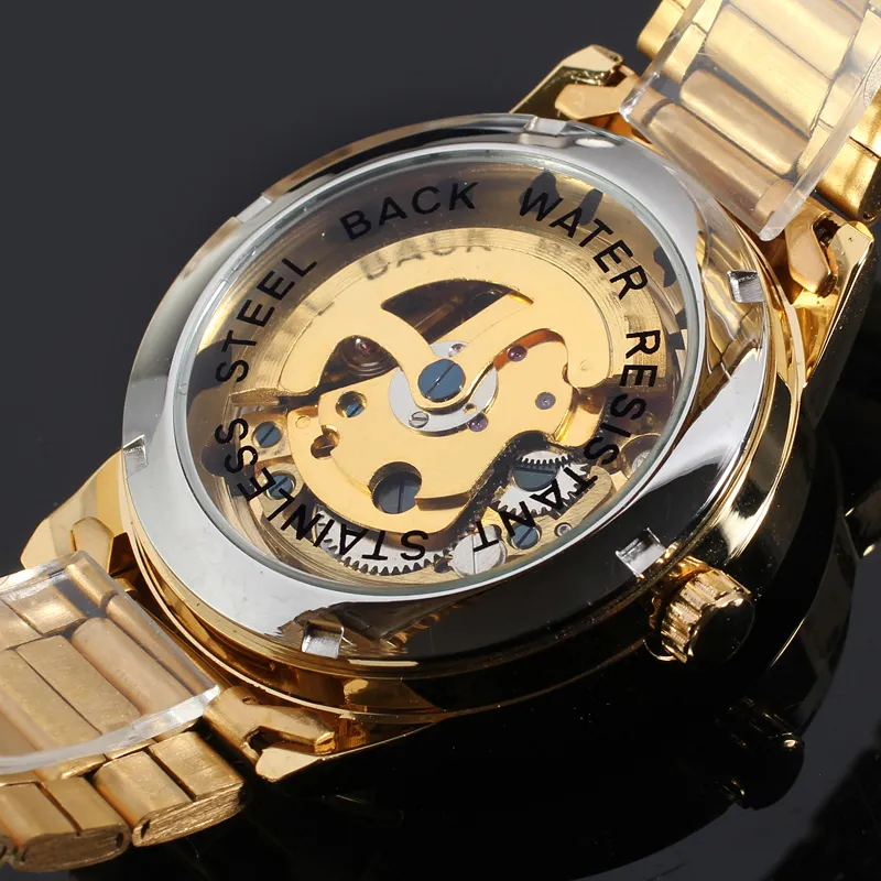 Vencedor relógio masculino marca superior de luxo automático esqueleto ouro fábrica empresa pulseira aço inoxidável relógio pulso226v