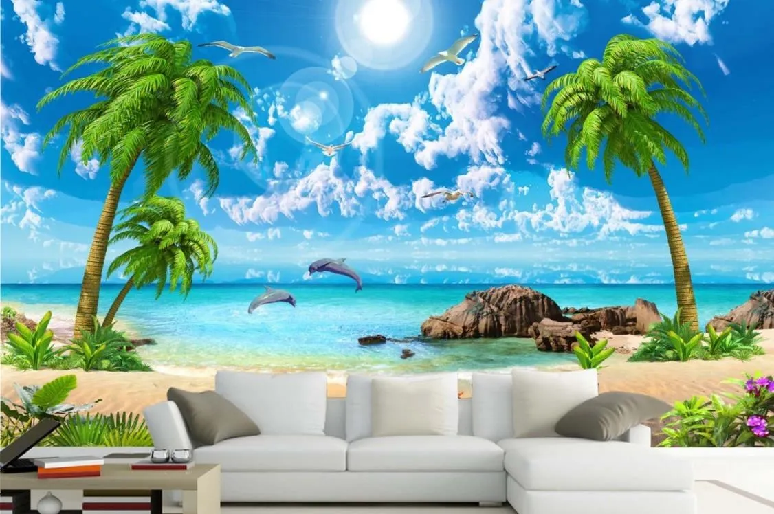 HD lindo papel de parede mar coco praia paisagem 3D papéis de parede para sala de estar sofá TV pano de fundo2375