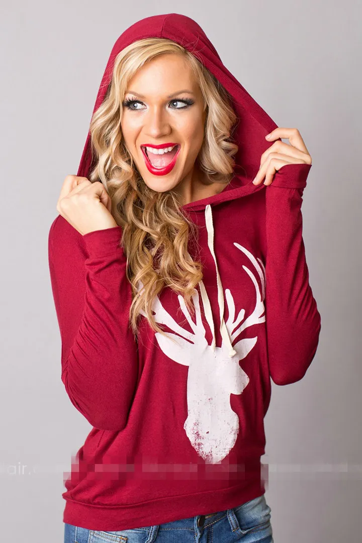 Women's New Style Long Sleeved T-shirt Deer Printed Womens Hooded sweater Auntumn Spring And Winter