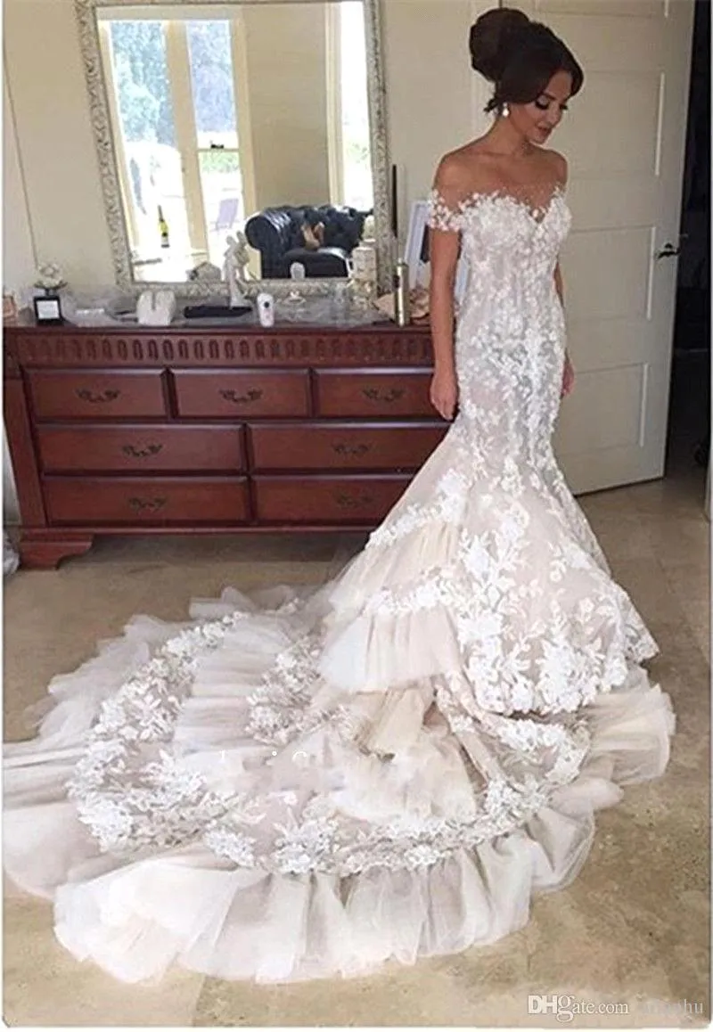 2017 Luxury 3D Floral Appliques Lace Mermaid Wedding Dresses Off the Shoulder Short Sleeve Tiered Skirts Bridal Gowns Long Train BA4118