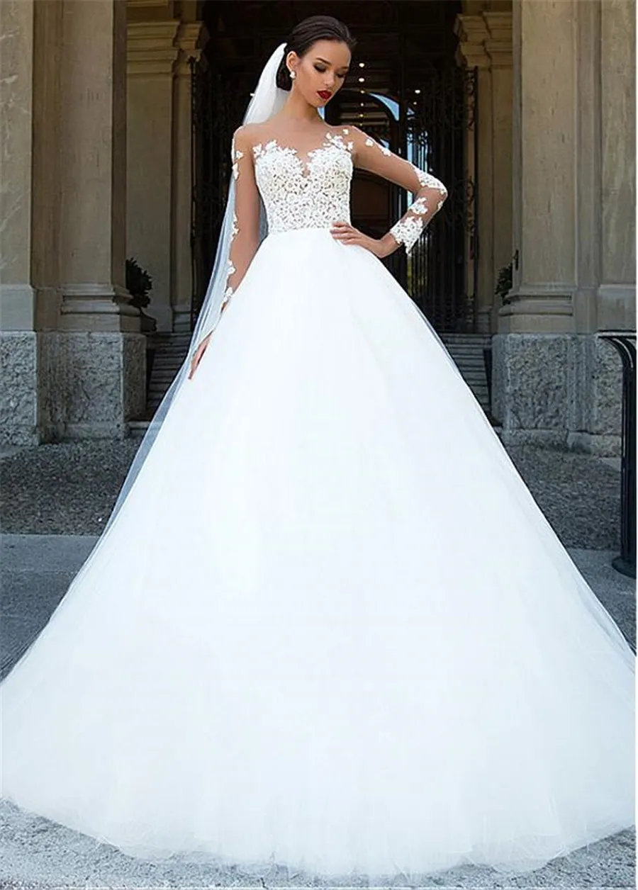 Amazing Tulle Bateau Neckline See Through White A-Line Wedding Dresses With Beaded Lace Appliques Long Sleeves Bridal Dress