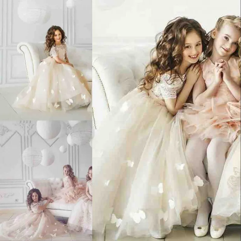 Beautiful Butterfly Flower Girls Dress Sqaure Neck Lace Appliques Bow Short Sleeve Girls Pageant Dresses Lovely Floor Length Birthday Dress