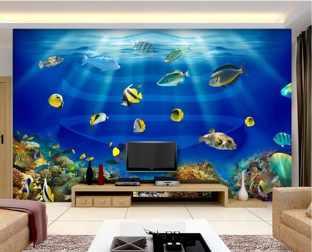 Ocean world heart shaped fish tank Tropical fish 3D stereo TV mural 3d wallpaper 3d wall papers for tv backdrop