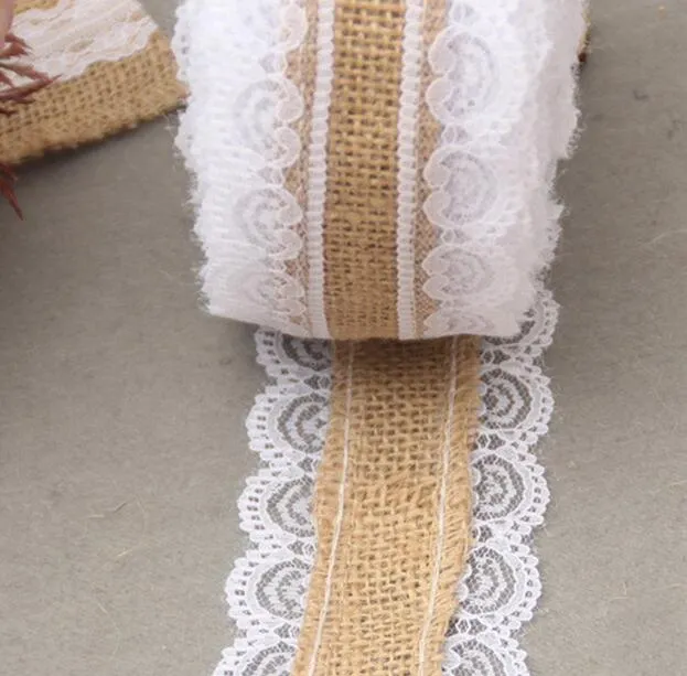 Party Supplies 2m Natural Jute Burlap Hessian Lace Ribbon Roll and White Lace Vintage Wedding Party Decorations Crafts Decorative 2738