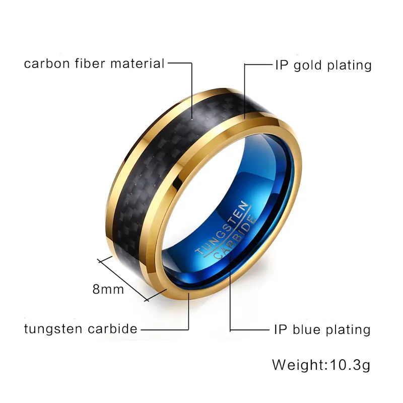 Tungsten Karbür Jewlery erkek Düğün Band Nişan Yüzüğü IP Altın Mavi Siyah Karbon Fiber Inaly 8 MM Ile Kaplama