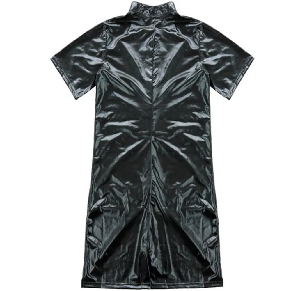 Men's Flexible Bodysuit Male Sexy Black Leotard Zipper Catsuit Short Sleeves Jumpsuit Nightclub Bar Clubwear Costume253n