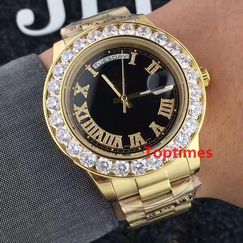 Luxus 18K Gold Präsident Day-Date Genf Männer große Diamanten Zifferblatt Lünette automatische Handgelenk Rolle Herrenuhr Reloj Uhren Wristwat206A