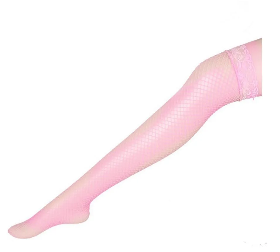 Al por mayor: nuevas mujeres sexys de muslo de muslo de malla transparente calcetín de seda blanca/rojo/púrpura/negro/rosa estancia rayada club