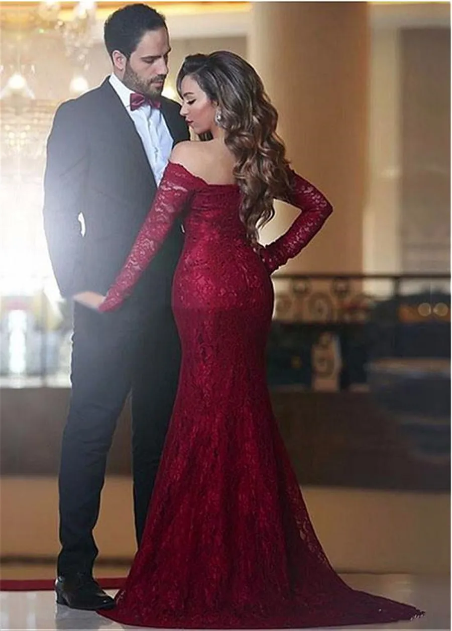 Wonderful Lace Off-the-shoulder Neckline Mermaid Formal Dresses Long Sleeves Evening Dress Red Lace Prom Dress special occasion dresses