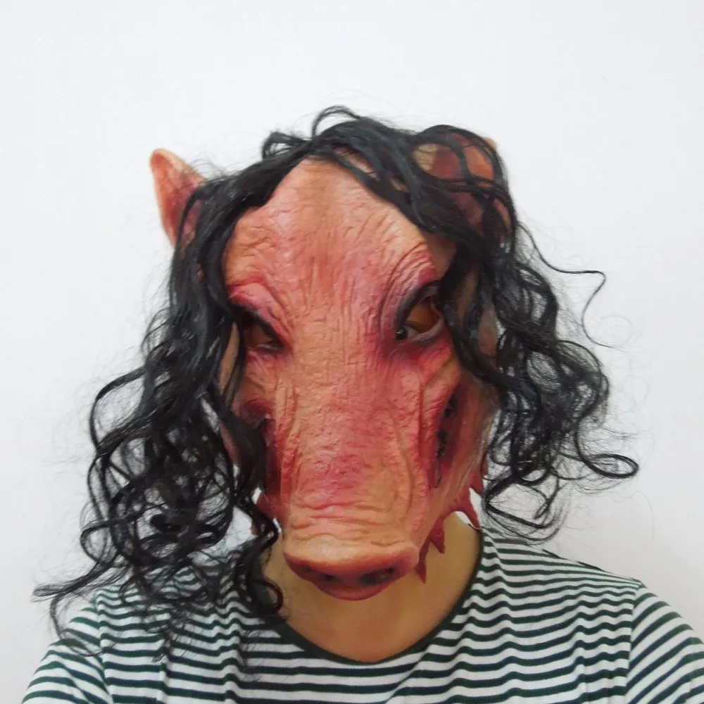 Máscaras de festa Whole-Scary Roanoke Pig Máscara Adultos Rosto Cheio Animal Látex Halloween Horror Masquerade com Cabelo Preto H-0061264E