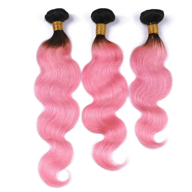 Девственница бразильский розовый Ombre человеческие волосы плетет волна тела 3шт темный корень 1b / розовый 2tone Ombre девственница Реми человеческие волосы пучки тела волнистые