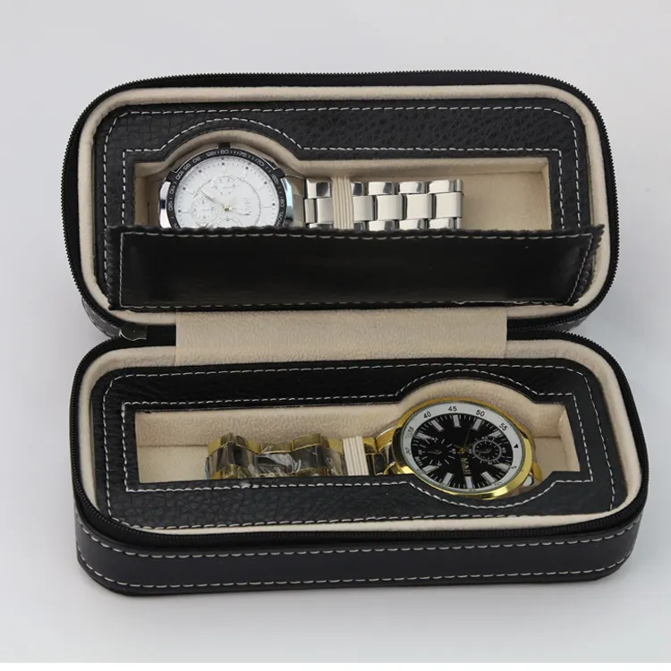 Dragkedja med lyxagring av lagringsorganisatör läder 2 Slots Watch Box Case Wallet Design Storage Watches Travel Box Sport Easy273a