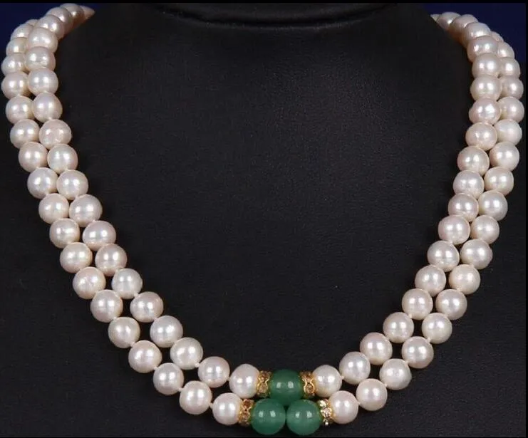 2 ROW 8-9MM SOUTH SEA WHITE GREEN JADE MOTHER PEARL NECKLACE YELLOW CLASP301y