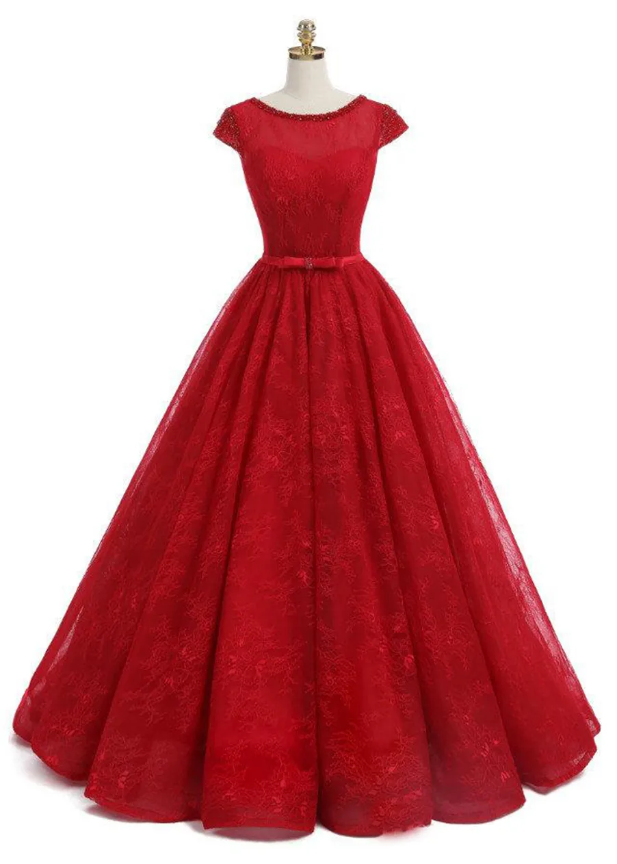 Scoop Neckline Short Sleeves Beads Lace up Long Plus Size Ball Gowns Prom Dress Party Gowns Red Lace Evening Dresses