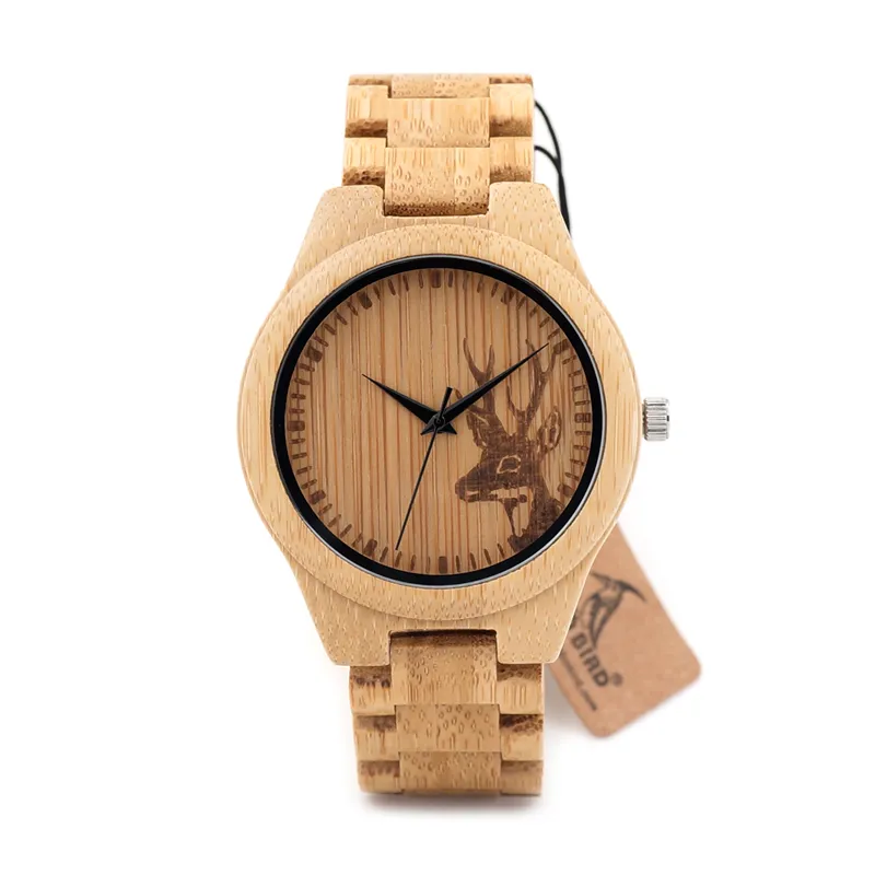 Bobo Bird Classic Bamboo Wooden Watch 엘크 사슴 헤드 캐주얼 손목 시계 대나무 밴드 쿼츠 남성용 여성 251k