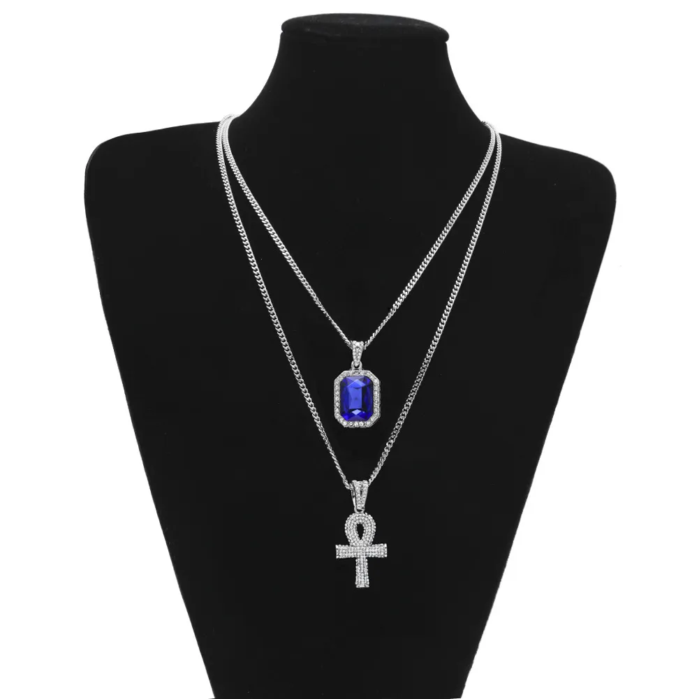 Hip-Hop-Schmuck Ägyptische große Ankh-Schlüsselanhänger-Halsketten-Sets Mini-Quadrat-Rubin-Saphir mit Kreuz-Charm-Kubaner-Link für Herren Fash301o
