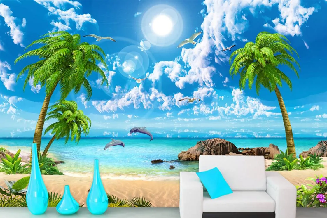 HD lindo papel de parede mar coco praia paisagem 3D papéis de parede para sala de estar sofá TV pano de fundo2375