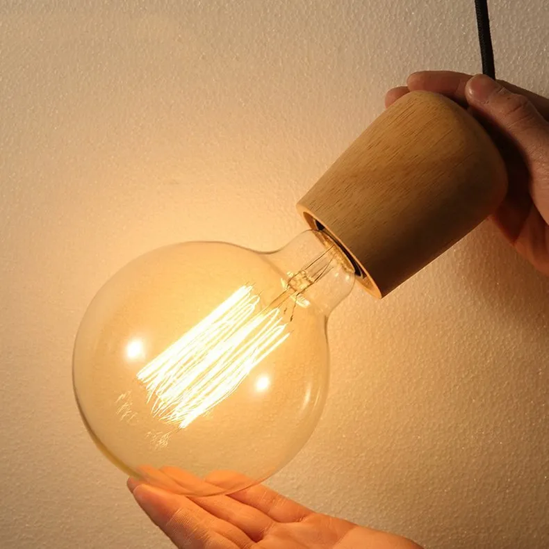 Moderne eikenhouten hanglampen Vintage koord hanglamp Hanglamp Zwart draad Edison E27 lamp Ophangarmatuur246h