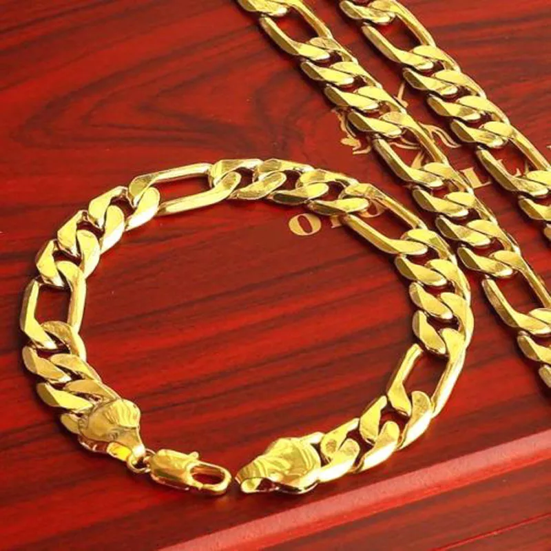 Heavy wide 12MM 18K Solid Gold Filled Men's Bracelet + Necklace 23.6