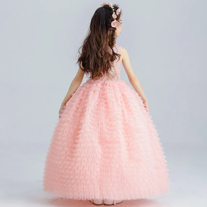 Luxury Pink Tulle Flower Girl Dress Kids Wedding Dress Ankle Length Appliques Bead Kids Party Prom Dress First Communion Dresses