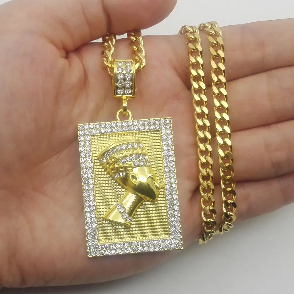 Hiphop Egyptian Pharaoh Necklace Gold Color Pendant Square Card Stainless Steel Cuban Chain Gift for Men Women Ethiopian Jewelry T280d