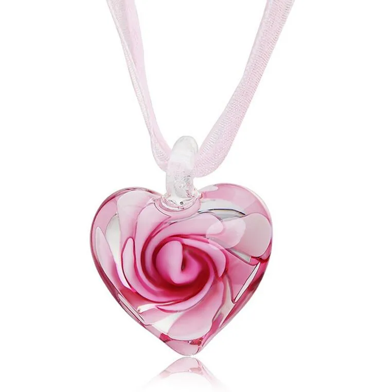 Corazón con flores dentro de Murano Murano italiano veneciano de cristal colgantes de moda collares joyería hecha a mano envío gratis