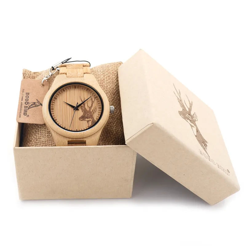 Bobo Bird Classic Bamboo Wooden Watch 엘크 사슴 헤드 캐주얼 손목 시계 대나무 밴드 쿼츠 남성용 여성 204r.