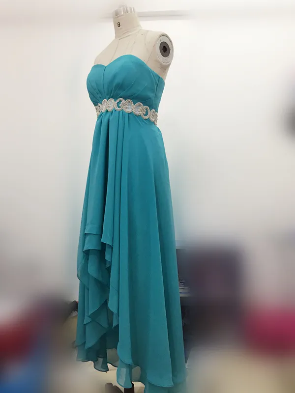 Real Image Hot Country Western High Low Turquoise Bridesmaid Dresses Evening Party Gowns Hi-Lo Aqua Blue Chiffon Prom Dresses Crystal Sash