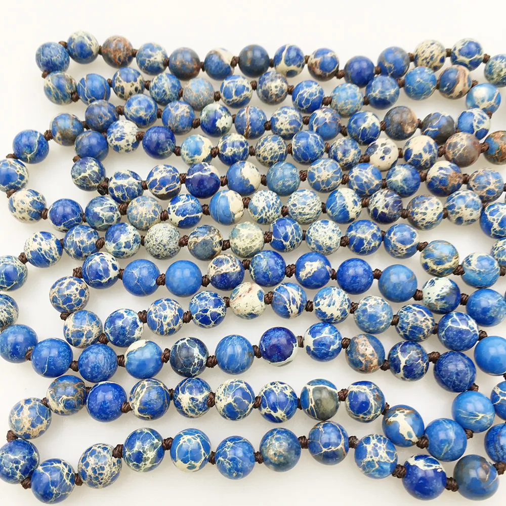 ST0337 Top Sale Women Yoga Long Necklace 60 inches Knotted Blue Regalite Jasper Necklace High Quality Natural Stone Necklace