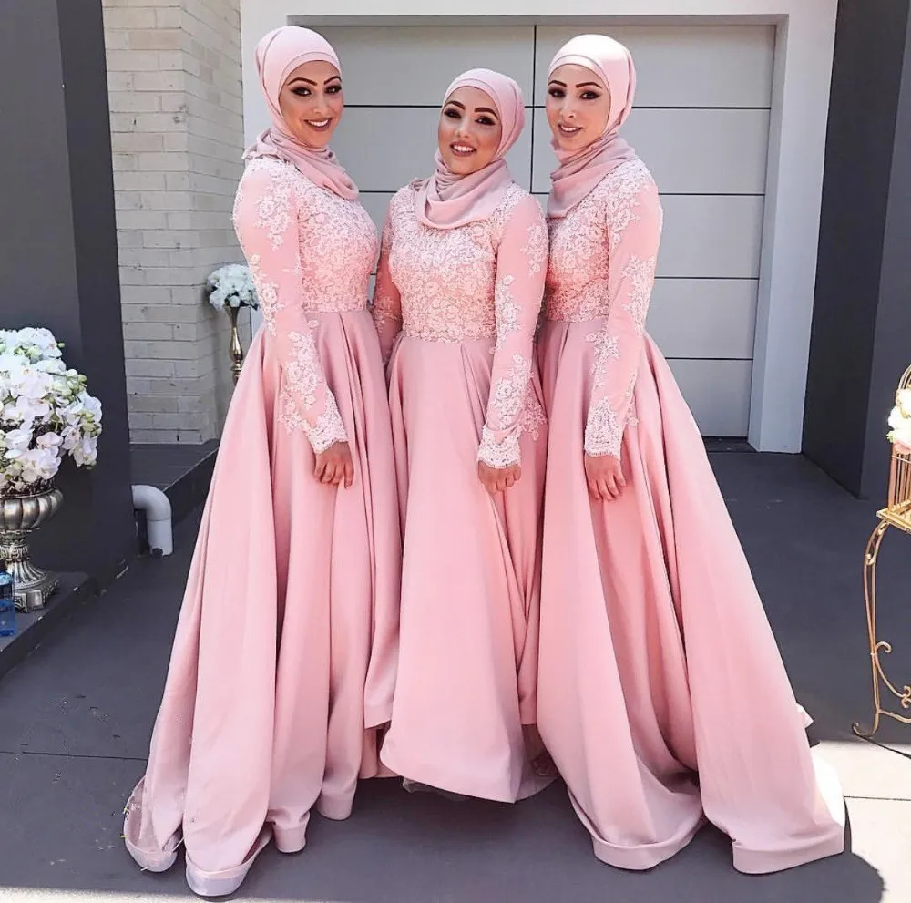 Islam Muslim 2017 Long Bridesmaid Dresses With White Applique Pink Jewel Long Sleeves Guest Dress For Wedding A-Line Custom Made Party Gown