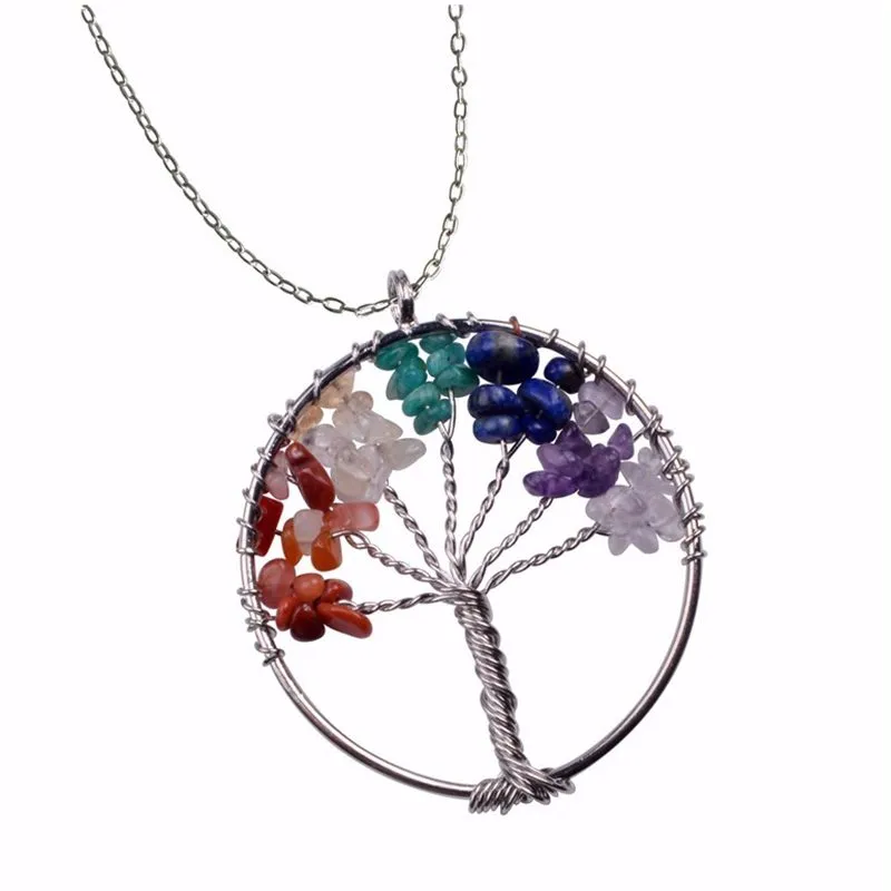 Set Tree of Life Necklace 7 Chakra Stone Beads Natural Amethyst Sterling-Silver-jewelry Choker Choker Halsband Pendant för WOM209S