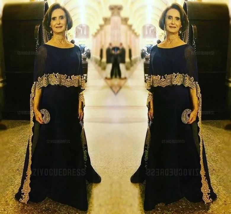 2020 Luxurious Navy Blue Mother Of The Bride Dresses Jewel Neck Gold Lace Appliques Chiffon Half Sleeves With Wrap Party Dress Evening Gowns