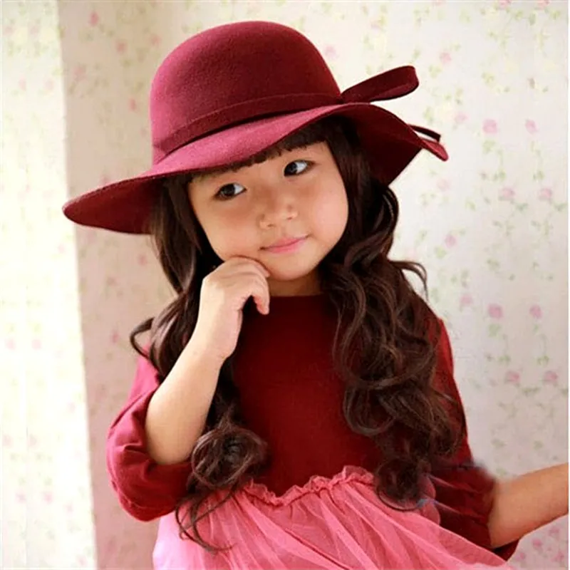 Automne hiver large bord chapeaux pour femmes filles enfants Vintage laine feutre melon Fedoras solide disquette Cloche Parent-enfant casquette Hat270B