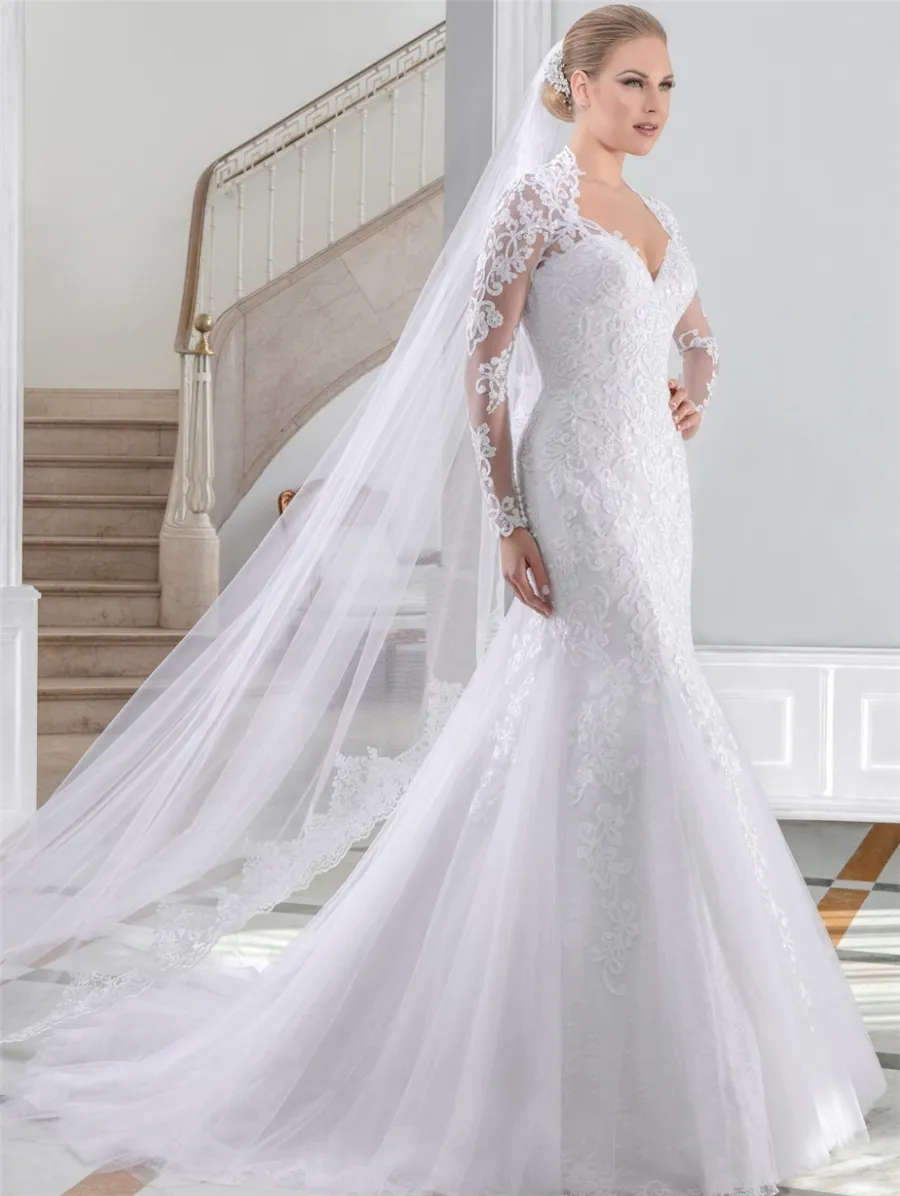 Vestido de Noiva Renda Long Sleeves Mermaid Wedding Dresses Long Tail Mermaid Abiti da Sposa Sexy Back Lace Bridal Dress