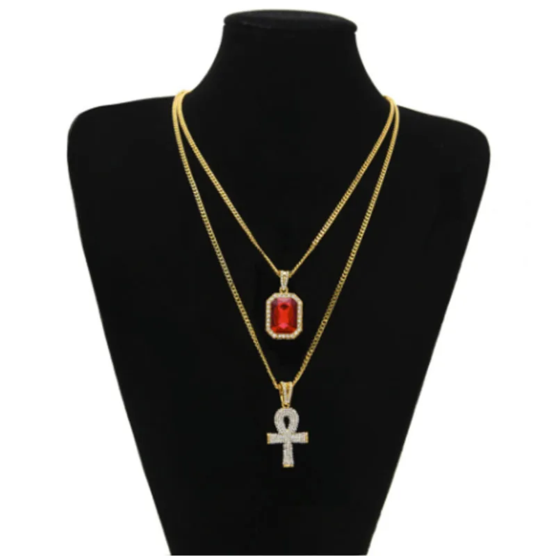 Chiave della vita ghiacciata egiziana Hip Hop Collana con ciondolo croce Ankh 24 con collana con ciondolo rubino rosso Set di gioielli252r