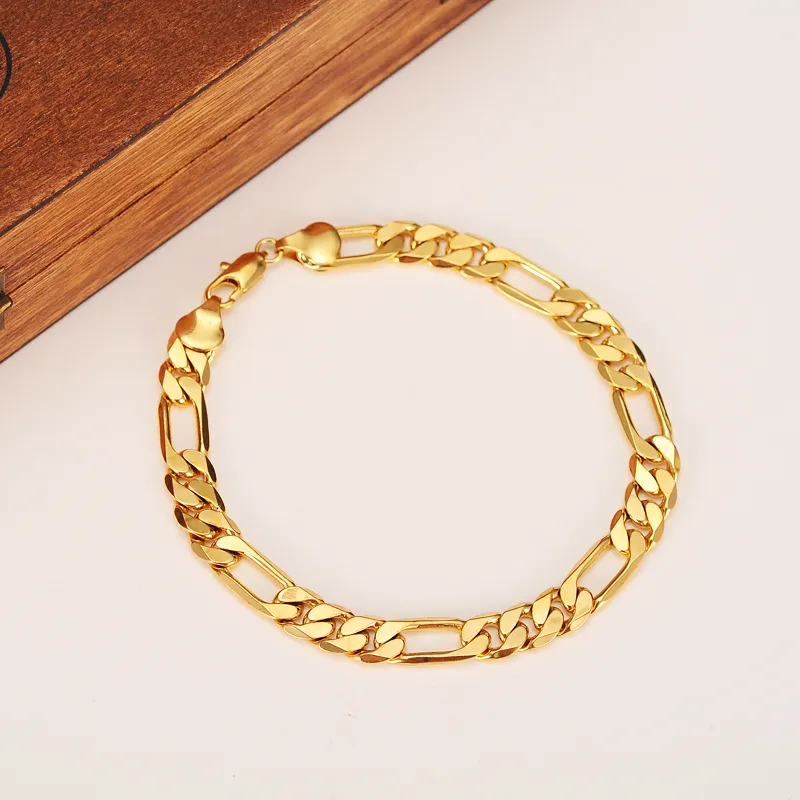 Fashion 18K Solid Yellow Gold Filled Men's OR Women's Trendy Bracelet 21cm 60cm Necklace Set Figaro Chain Watch Link Set2350