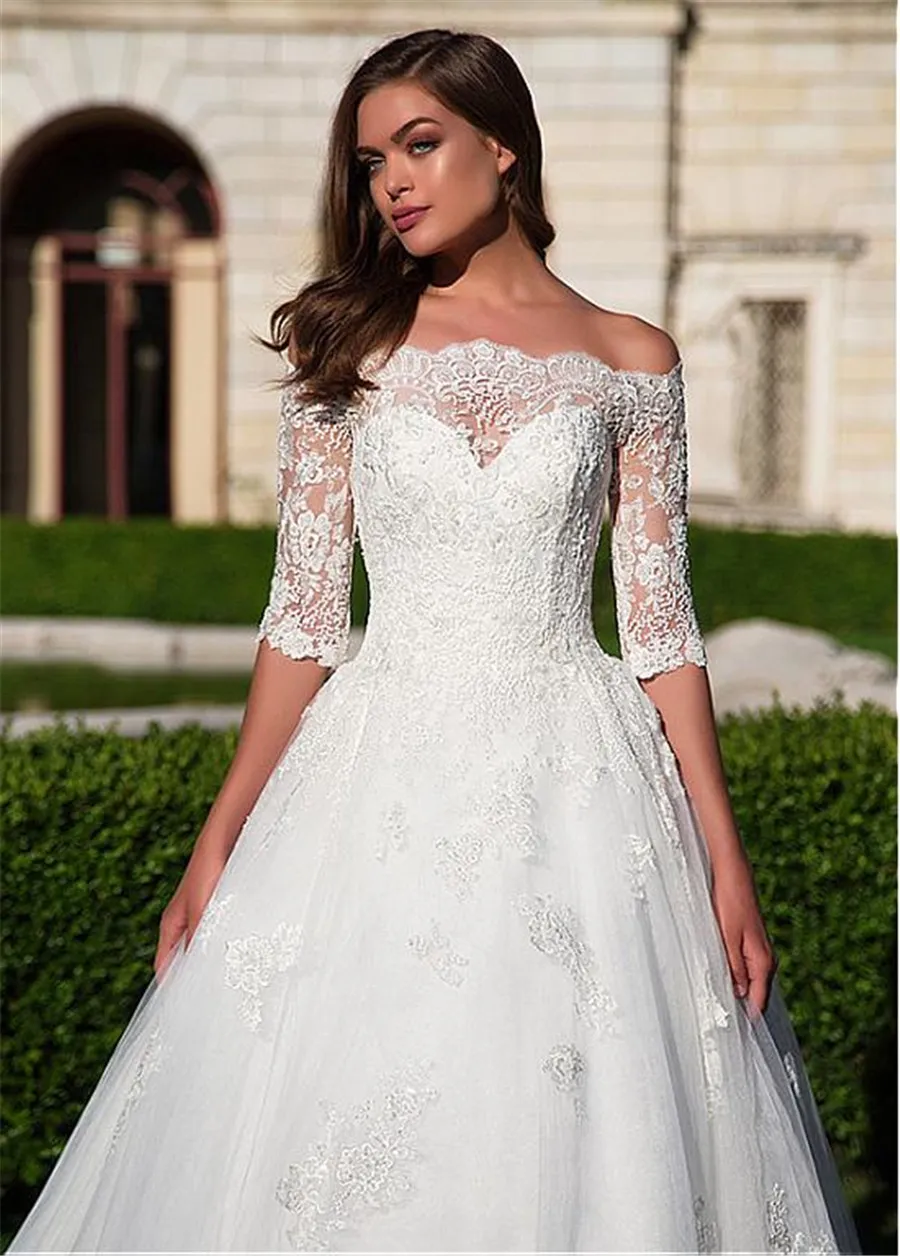 Gorgeous Off-the-shoulder Neckline A-Line Half Sleeves Wedding Dresses With Beaded Lace Appliques Illusion Back Bridal Gowns