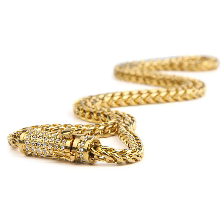30 Herren-Hip-Hop-Halsketten, Iced Out, 6 mm Gold, Edelstahl, kubanische Box-Kettenglieder-Halskette, Strass-Verschluss, 260er Jahre
