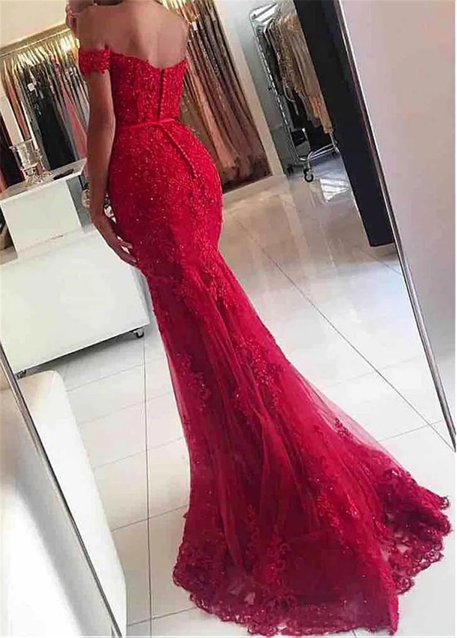 Junoesque Tulle Off-the-shoulder Neckline Mermaid Formal Dresses With Beaded Lace Appliques Red Lace Crystals Prom Dresses Slim