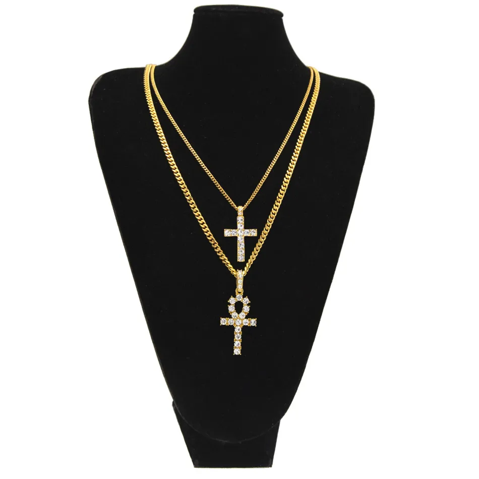 Египетская Анх с поперечным подвесным ожерельем набор кафара Хрустальный ключ к жизни Египет Крестные ожерелья хип -хоп ювелирные изделия 2387