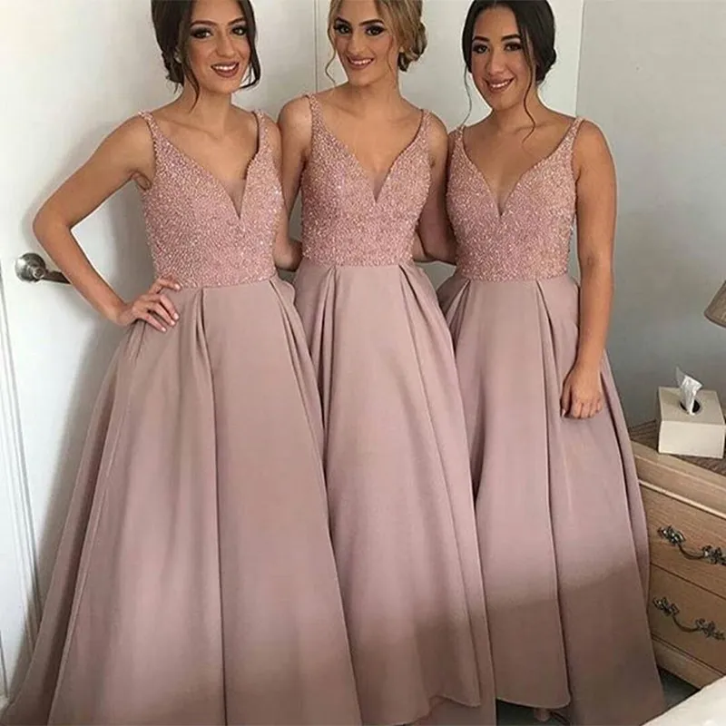2020 Heißer Verkauf Brautjungfer Kleider Lange Rosa Hochzeit Guest Abschlussball Kleid Sexy V-Ausschnitt Voll Perlen formale Partykleid