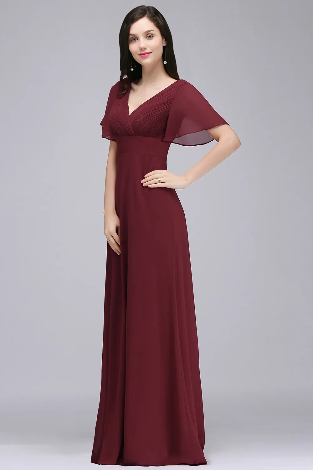 Wholesale Price Dark Red Long Chiffon Evening Dresses V Neck Low Back Flowy A Line Evening Party Gowns with Speaker Sleeves Cheap Online