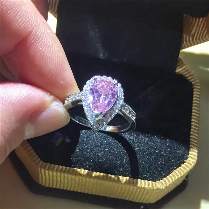 Boêmio jóias delicado em forma de pêra rosa anel de diamante dedo moda 10kt ouro branco cheio de casamento anéis de noiva para mulher gift298p