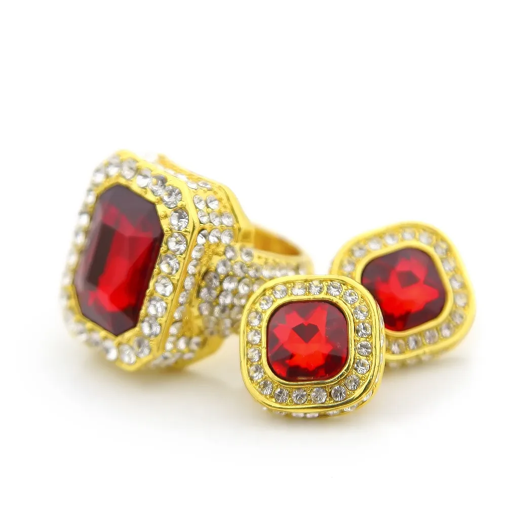 Men 14k Gold Plated Iced Out Micro Pave Red Ruby Earrings Ring set Punk Rap Jewelry Size Available