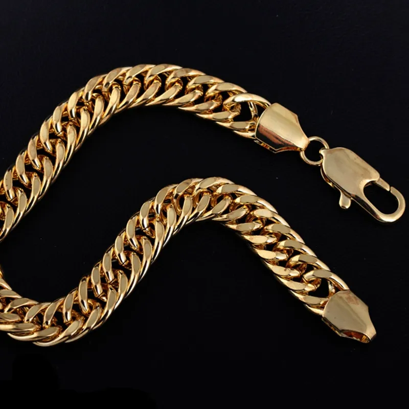 Ensemble de chaîne et bracelet à maillons cubains Miami pour hommes, maillons épais et serrés, finition remplie d'or jaune 24 carats, 1 0 cm de large, 24 pouces, 9 pouces 287O